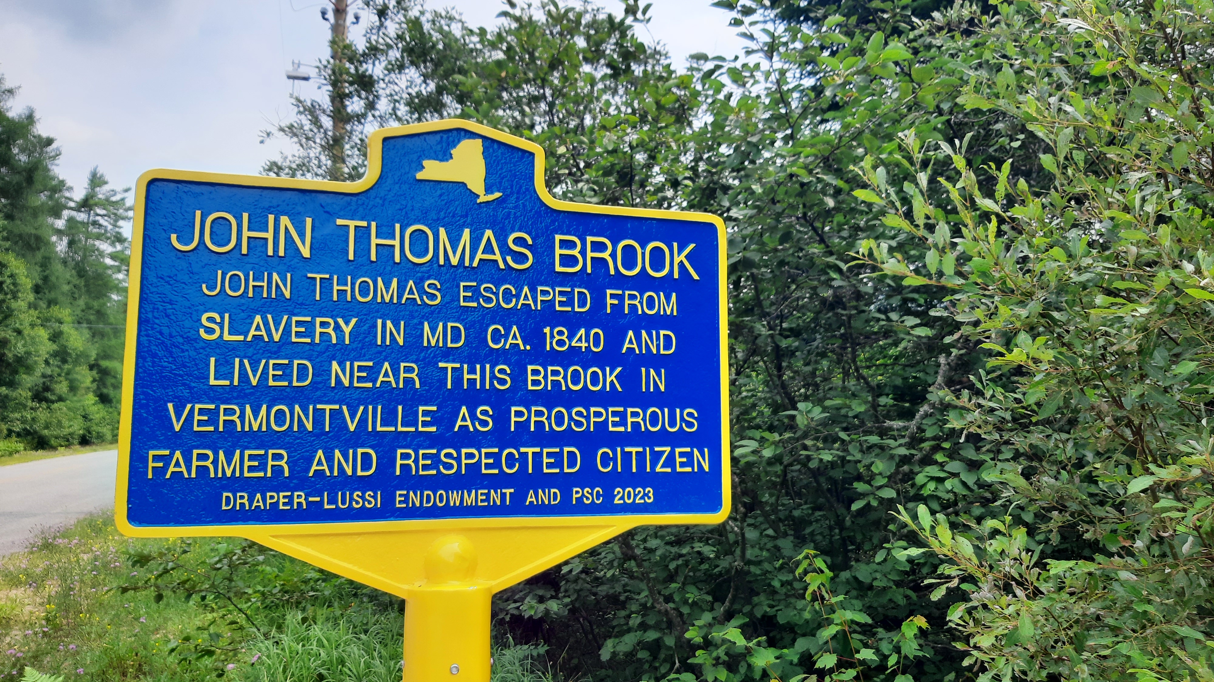 The historic marker at John Thomas Brook near Vermontville